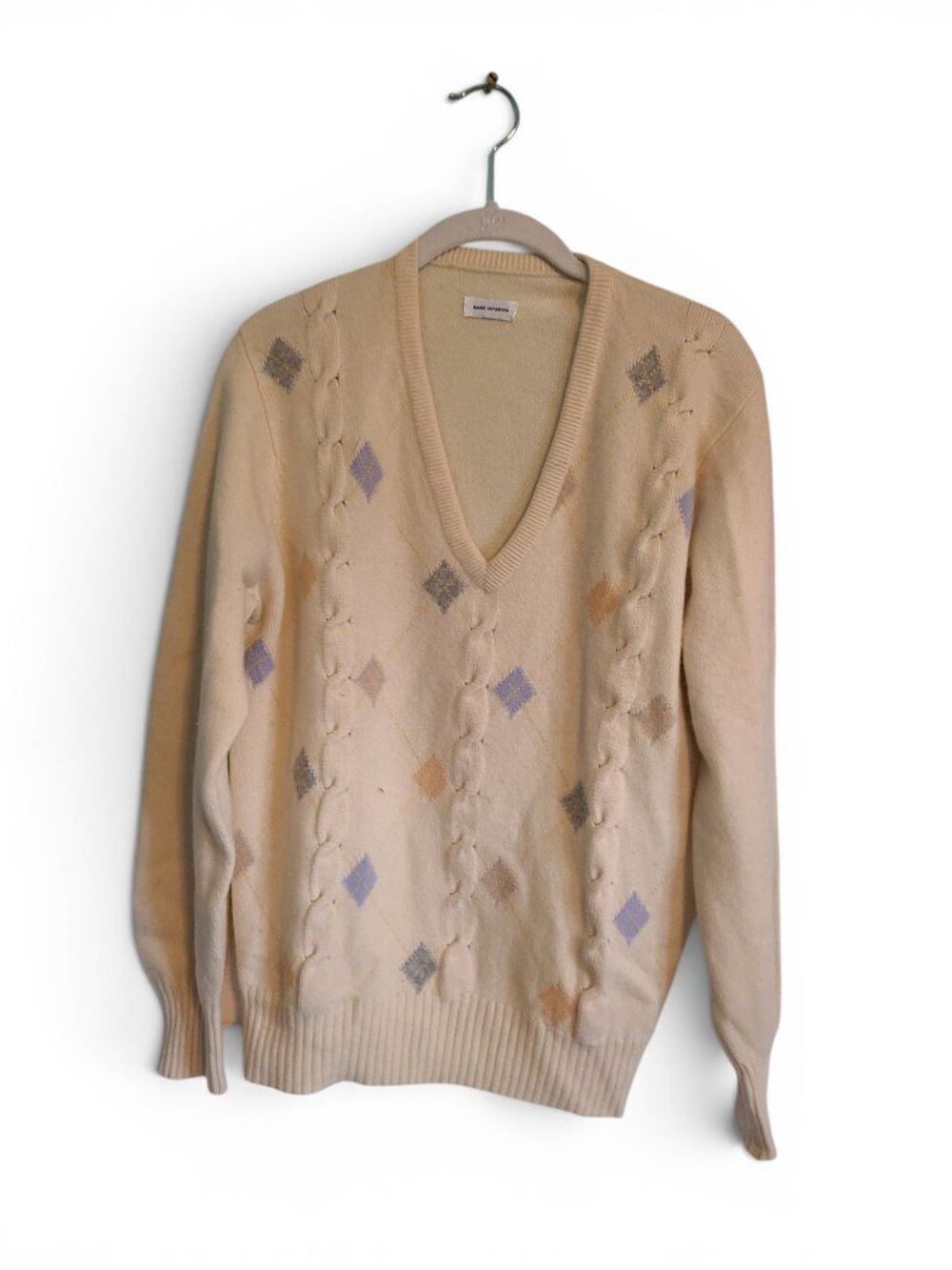 Vintage Pastel Argyle Light Academia V Neck Pullover Cashmere Sweater Yellow
